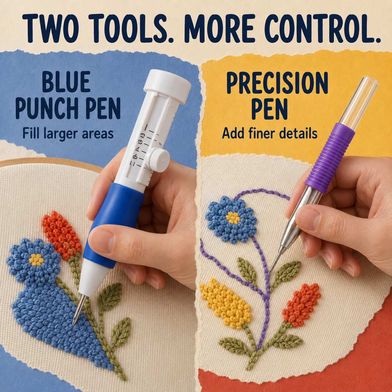 Blue adjustable punch pen and purple precision pen