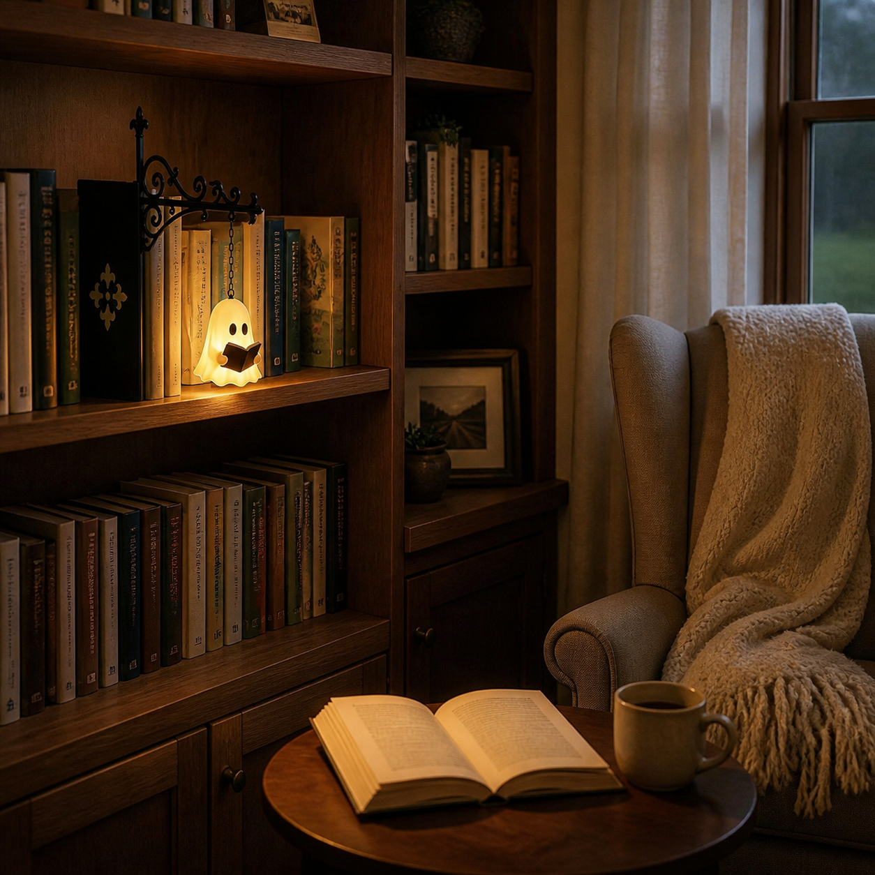 Staying Awhile ghost bookshelf room wide