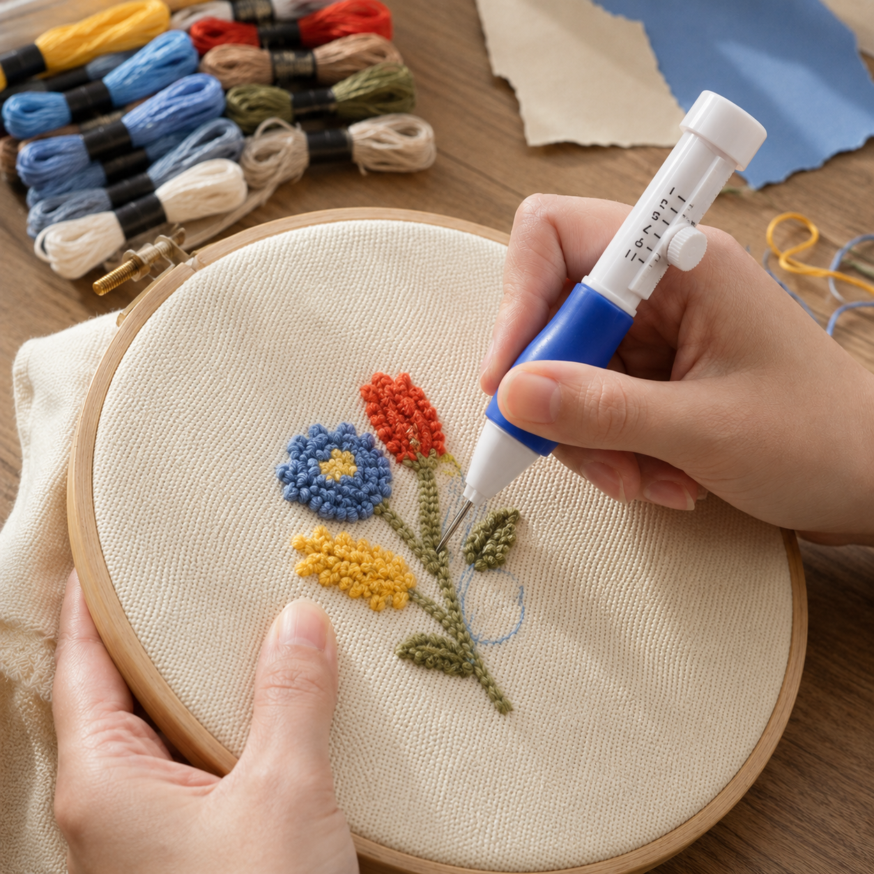 Punch needle embroidery pen being used on fabric